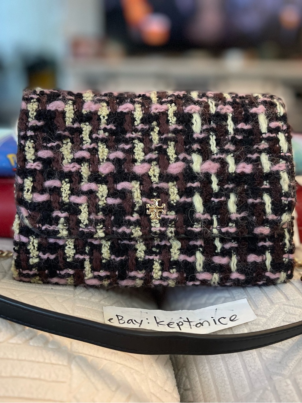 Tory Burch Emerson Tweed Chain Wallet $398 NWT Clutch Handbag Purse